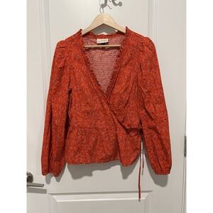 Universal Thread Women's Orange Floral Peplum Wrap Blouse LS Size Large Fall